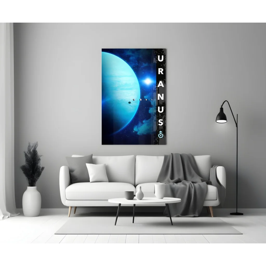 Uranus planet glass wall art canvas print in deep blue with symbol