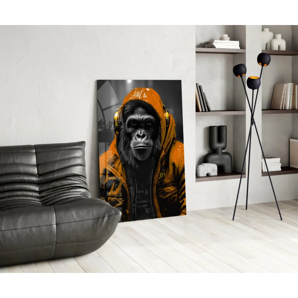 Vibrant orange gorilla in neon yellow hoodie on glass wall art