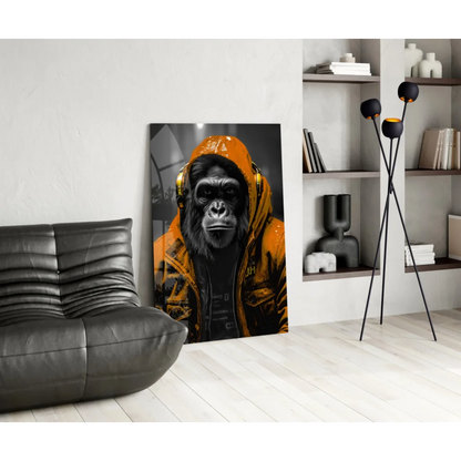 Vibrant orange gorilla in neon yellow hoodie on glass wall art