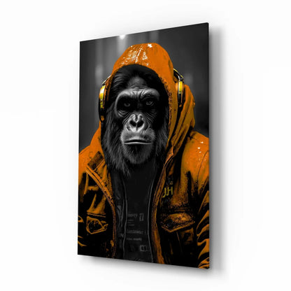 Urban Gorilla glass wall art: orange hooded jacket gorilla with gold headphones