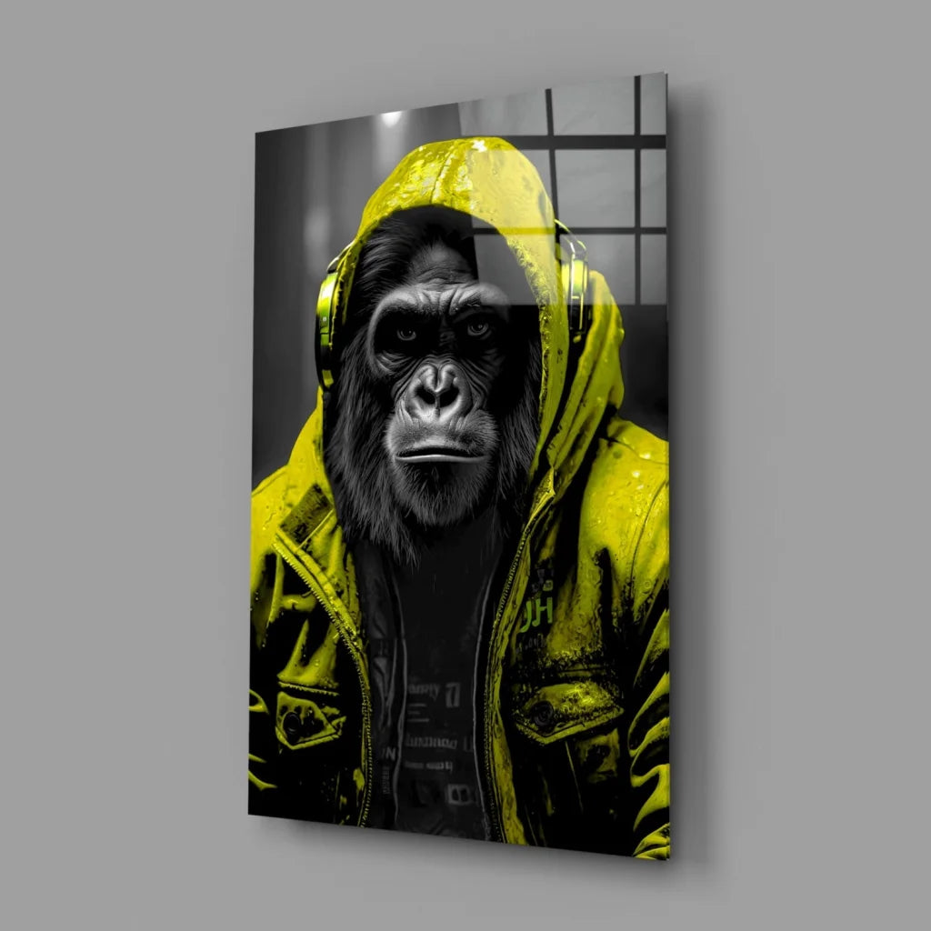 Urban Gorilla Glass Wall Art with Neon Yellow Hoodie | Glass Wall Art Print | vintageantiquesgifts.com