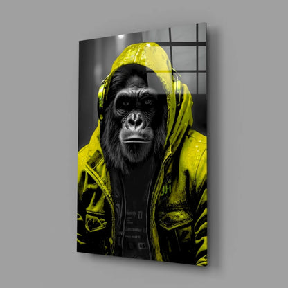 Urban Gorilla Glass Wall Art with Neon Yellow Hoodie | Glass Wall Art Print | vintageantiquesgifts.com