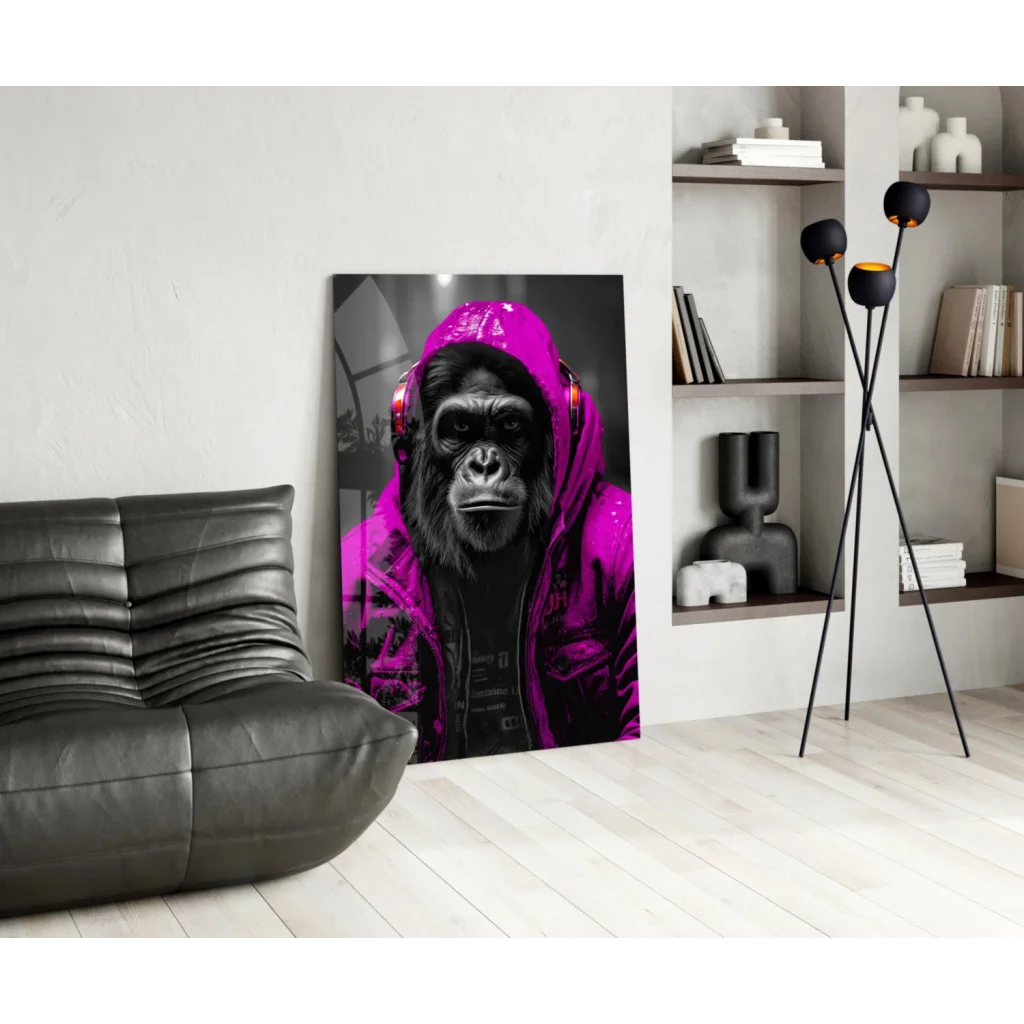 Vibrant magenta Urban Gorilla glass wall art with red headphones