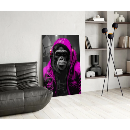 Vibrant magenta Urban Gorilla glass wall art with red headphones