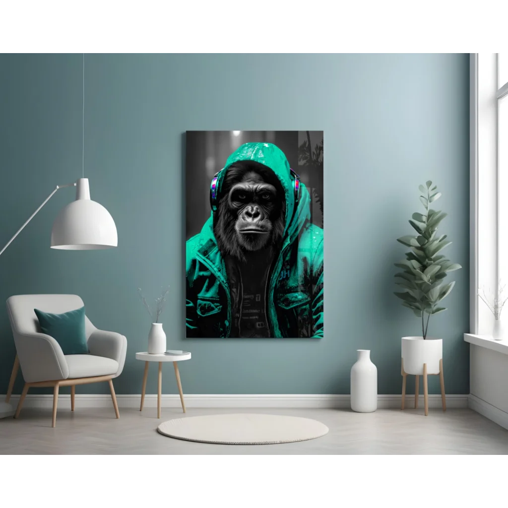 Urban Gorilla glass wall art with neon yellow hoodie and glowing headphones