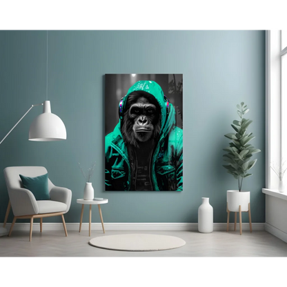 Urban Gorilla glass wall art with neon yellow hoodie and glowing headphones