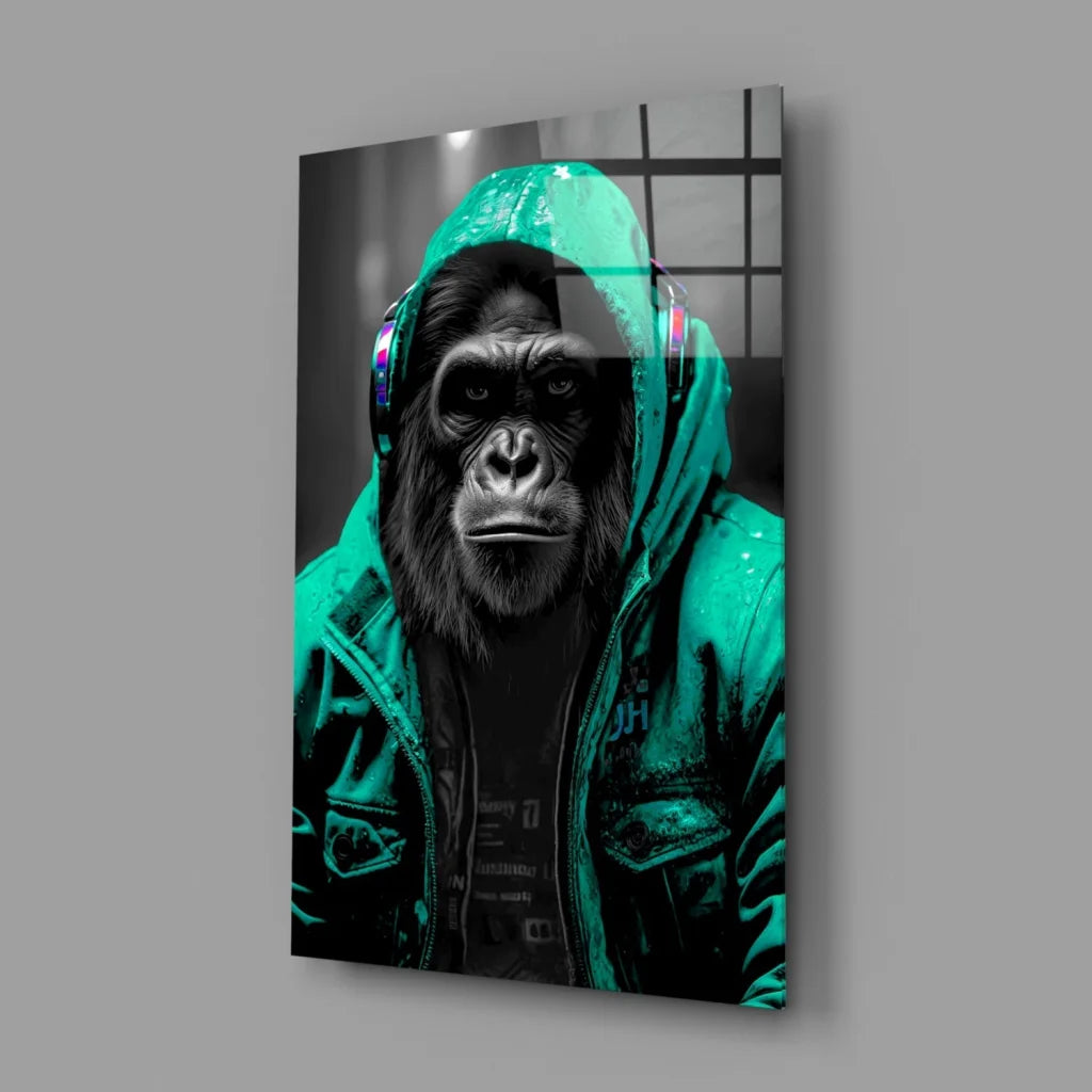 Striking gorilla in teal hoodie and headphones on Urban Gorilla glass wall art