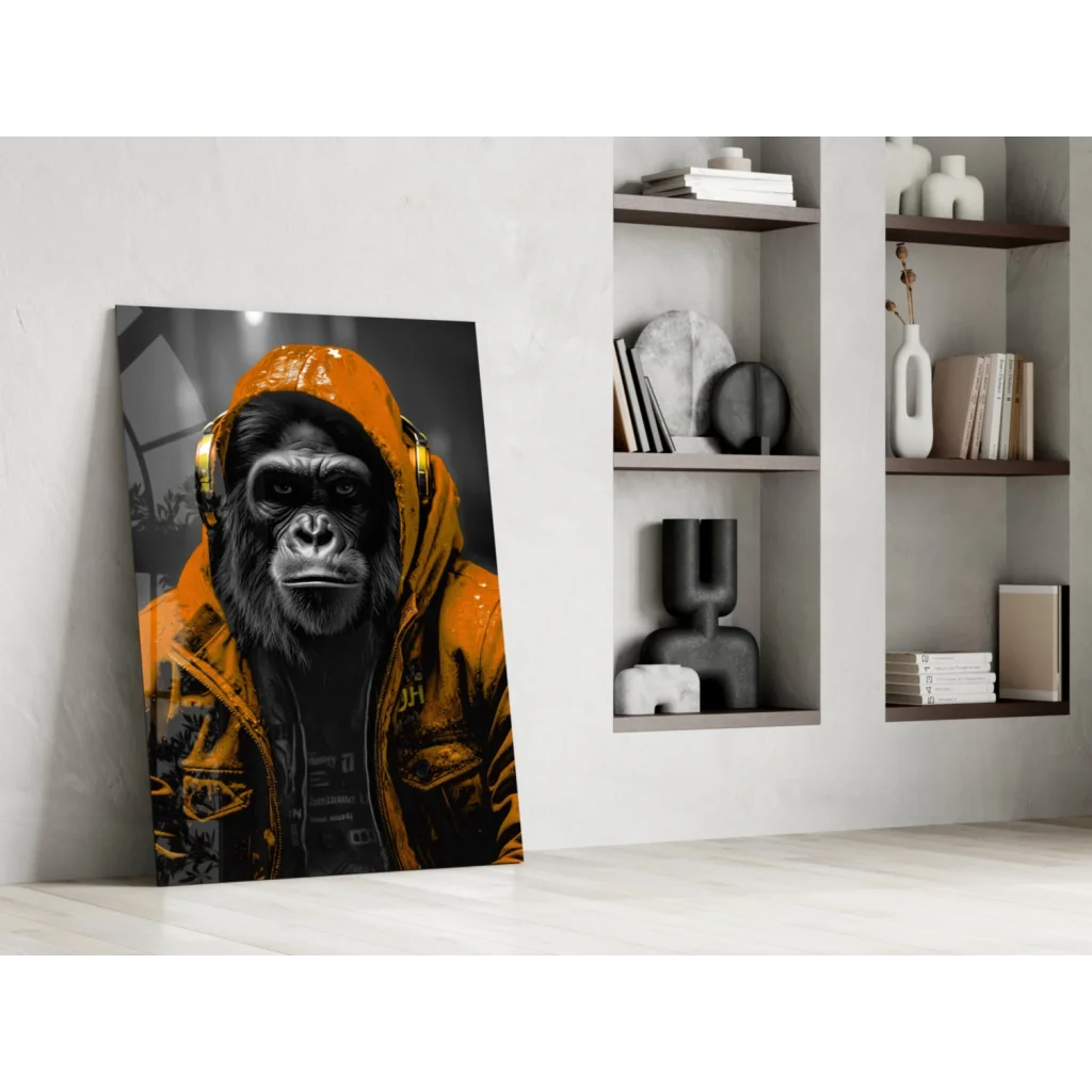 Vibrant urban gorilla glass wall art with orange neon hoodie and gold headphones