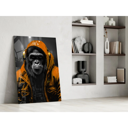 Vibrant urban gorilla glass wall art with orange neon hoodie and gold headphones