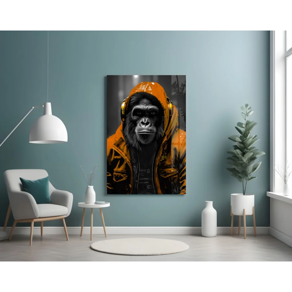Urban Gorilla glass wall art with orange hooded gorilla in black and white contrast