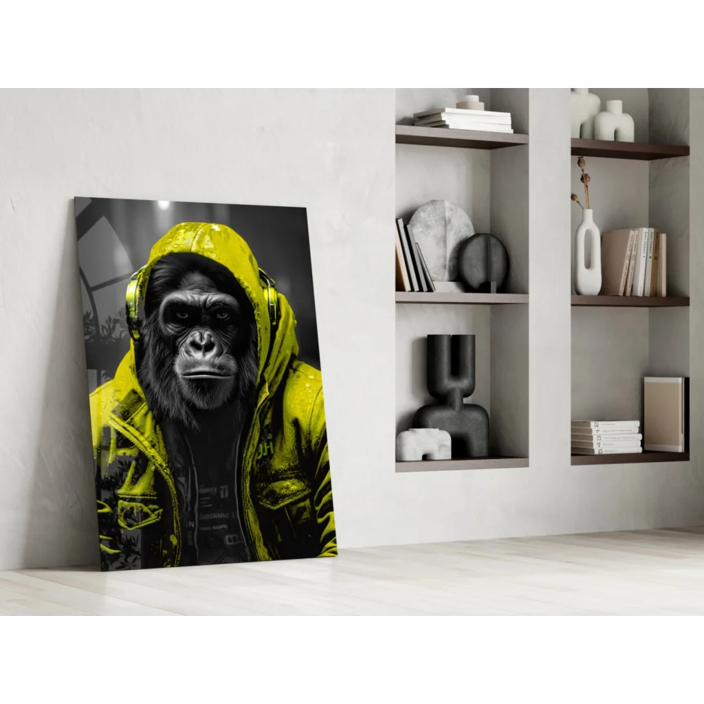 Vibrant yellow hoodie gorilla portrait on glass wall art