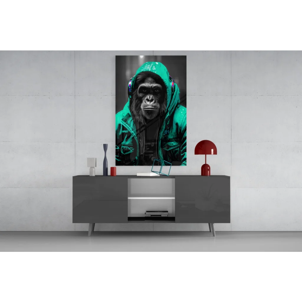 Vibrant green hoodie gorilla portrait on Urban Gorilla glass wall art