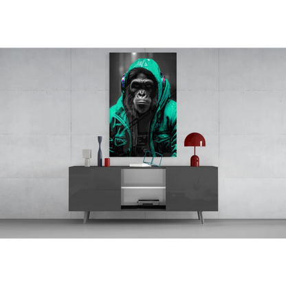 Vibrant green hoodie gorilla portrait on Urban Gorilla glass wall art