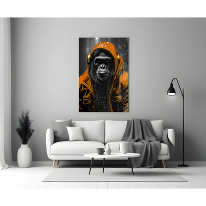 Vibrant orange gorilla in neon yellow hoodie with gold headphones glass wall art