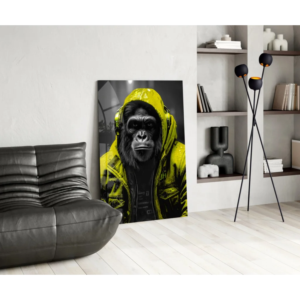 Vibrant yellow gorilla in neon hoodie on glass wall art