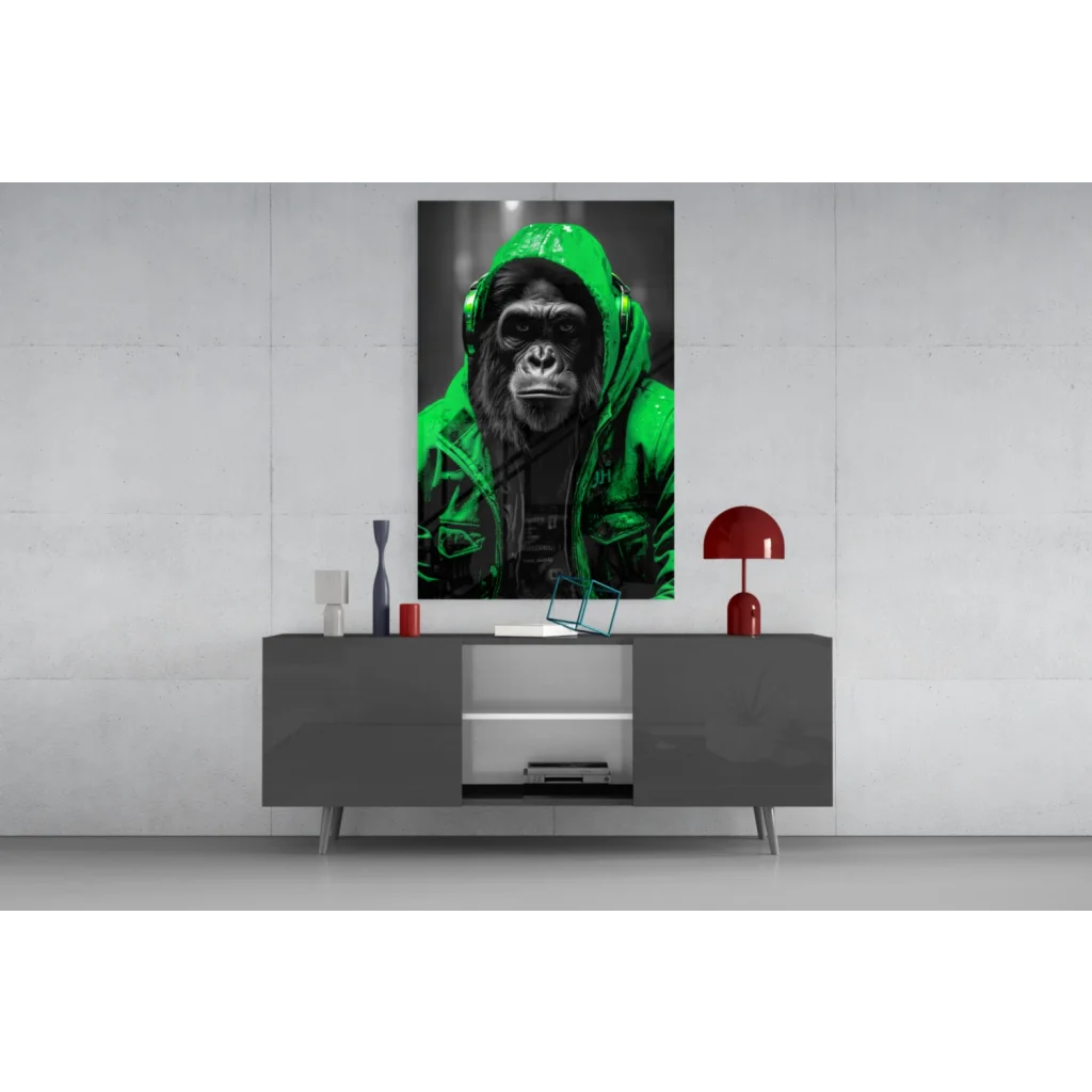 Urban Gorilla glass wall art with neon yellow hoodie