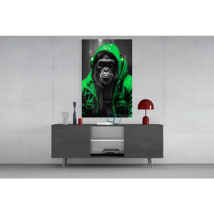Urban Gorilla glass wall art with neon yellow hoodie
