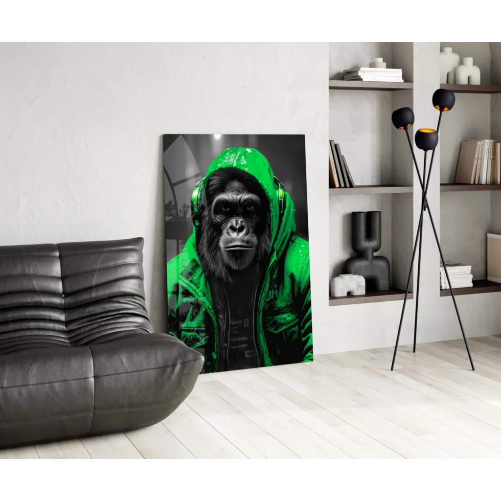 Vibrant green gorilla glass wall art with neon yellow hoodie portrait