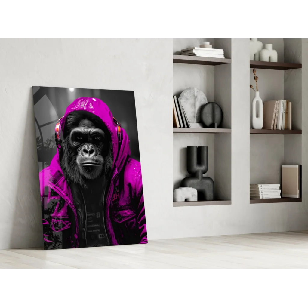 Vibrant gorilla in pink hoodie with headphones on Urban Gorilla glass wall art