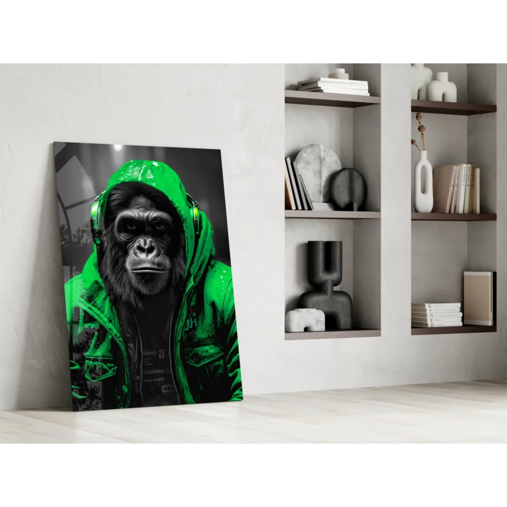 Urban Gorilla glass wall art with neon yellow hoodie gorilla print