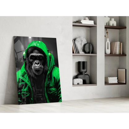 Urban Gorilla glass wall art with neon yellow hoodie gorilla print