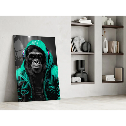 Urban Gorilla glass wall art with neon yellow hoodie gorilla in green hoodie and glowing headphones