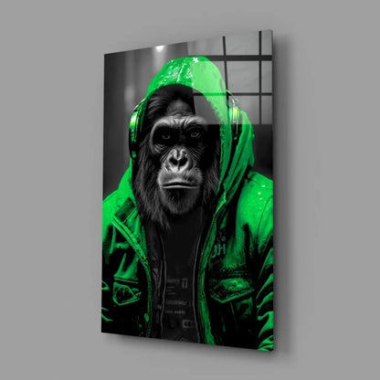 Stylized gorilla on green hoodie with headphones glass wall art