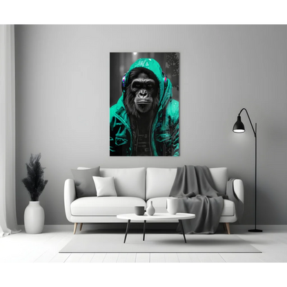 Urban Gorilla glass wall art with gorilla in neon yellow hoodie and headphones