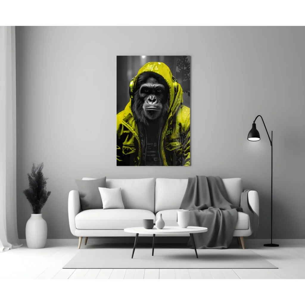 Urban Gorilla Glass Wall Art with Neon Yellow Hoodie | Modern Wall Art Decor | vintageantiquesgifts.com