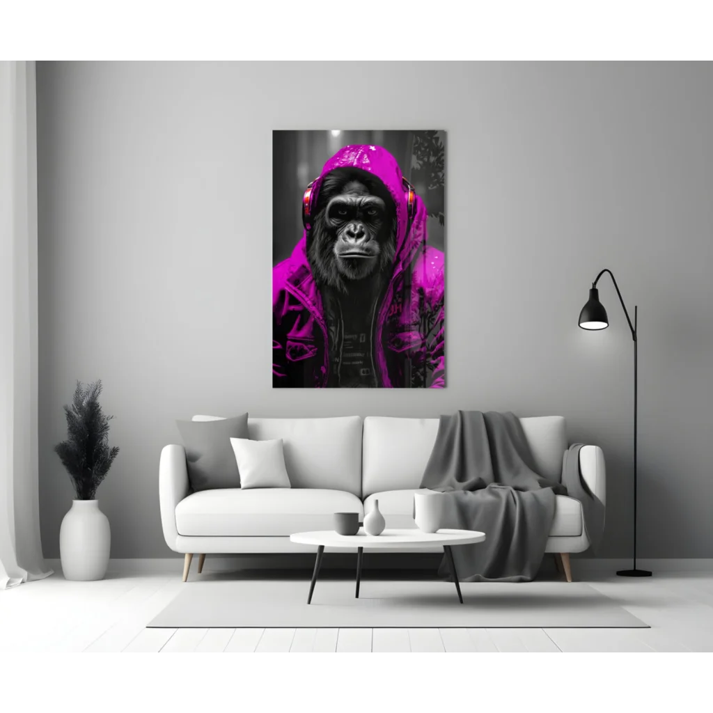Vibrant pink hoodie with black gorilla in headphones on Urban Gorilla glass wall art