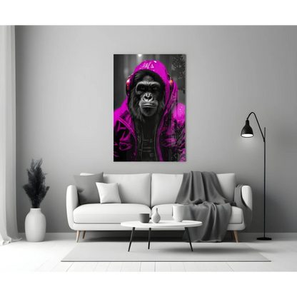 Vibrant pink hoodie with black gorilla in headphones on Urban Gorilla glass wall art