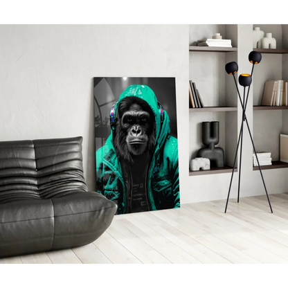Urban Gorilla glass wall art: gorilla in neon yellow hoodie and glowing headphones