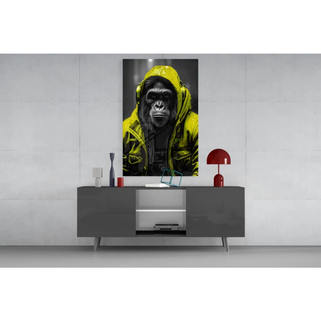 Urban Gorilla glass wall art with black-yellow gorilla in neon yellow hoodie