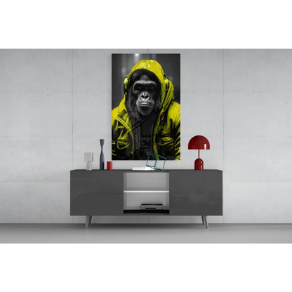 Urban Gorilla glass wall art with black-yellow gorilla in neon yellow hoodie
