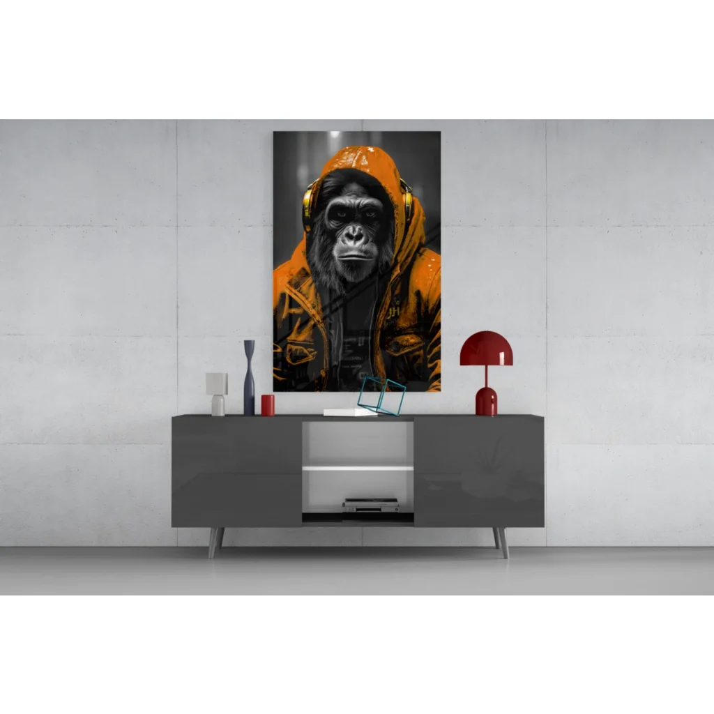 Vibrant orange hooded gorilla with headphones on sleek Urban Gorilla glass wall art