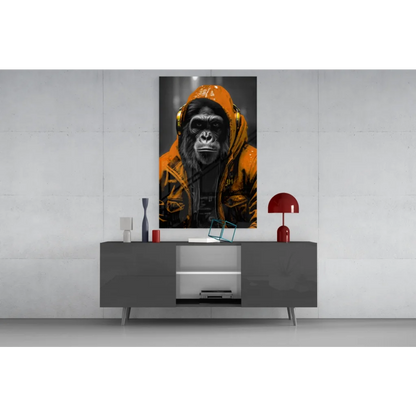 Vibrant orange hooded gorilla with headphones on sleek Urban Gorilla glass wall art