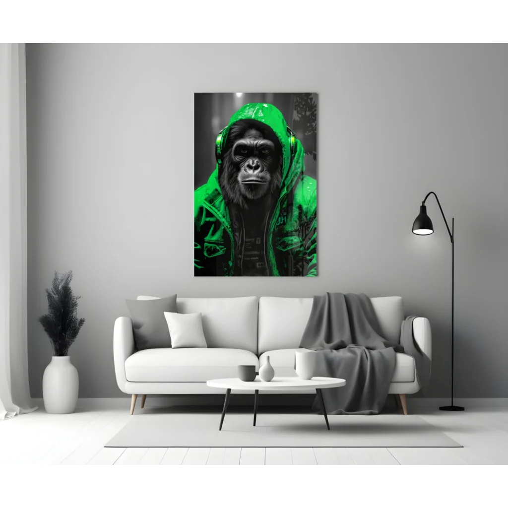Urban Gorilla glass wall art: gorilla in neon yellow hoodie and headphones