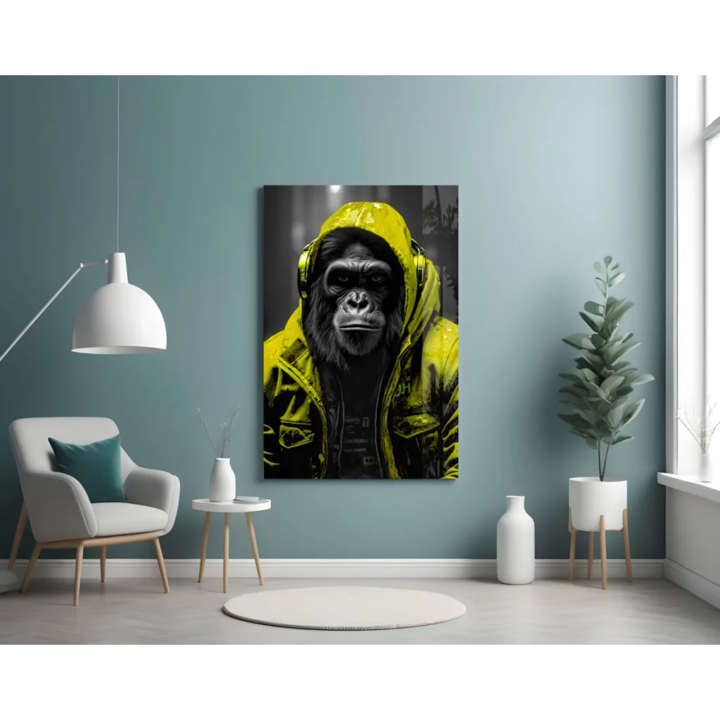 Urban Gorilla Glass Wall Art with Neon Yellow Hoodie | Contemporary Home Wall Art | vintageantiquesgifts.com