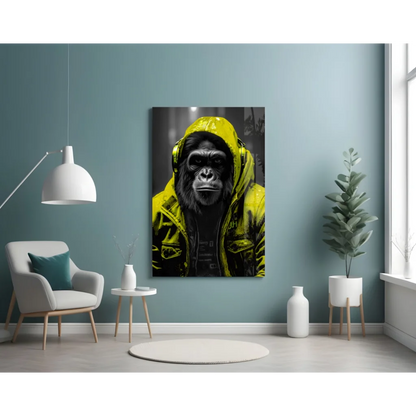 Urban Gorilla Glass Wall Art with Neon Yellow Hoodie | Contemporary Home Wall Art | vintageantiquesgifts.com