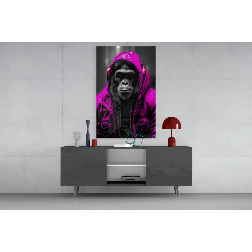 Vibrant magenta hoodie with glowing red headphones on Urban Gorilla glass wall art