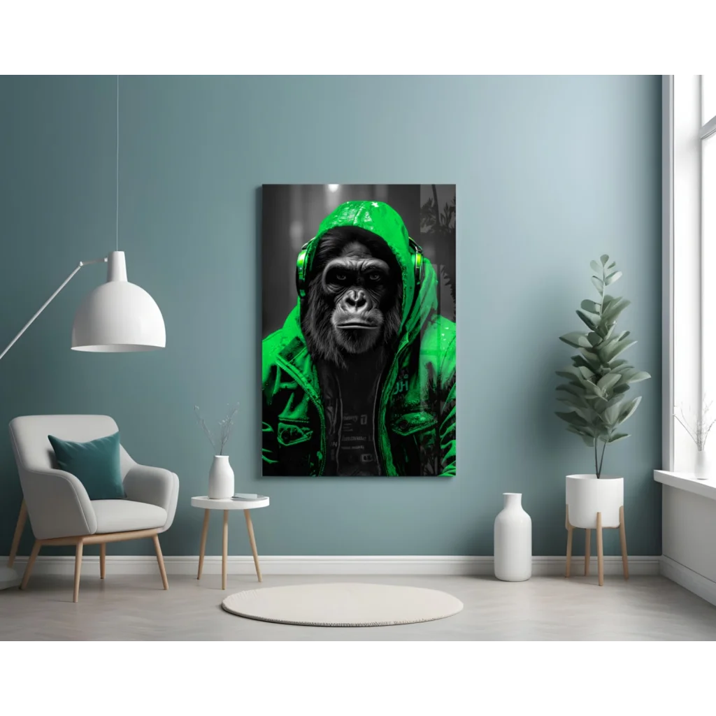 Chimp in neon yellow hoodie and headphones on glass wall art