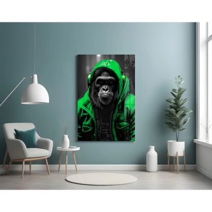 Chimp in neon yellow hoodie and headphones on glass wall art