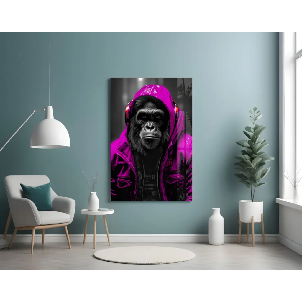 Vibrant pink gorilla in neon yellow hoodie on glass wall art with red headphones