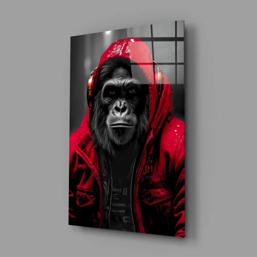 Urban Gorilla glass wall art of ape in neon yellow hoodie