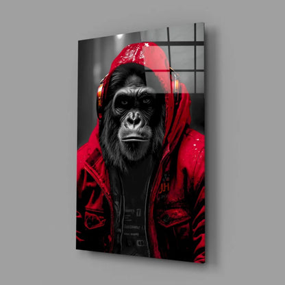 Urban Gorilla glass wall art of ape in neon yellow hoodie