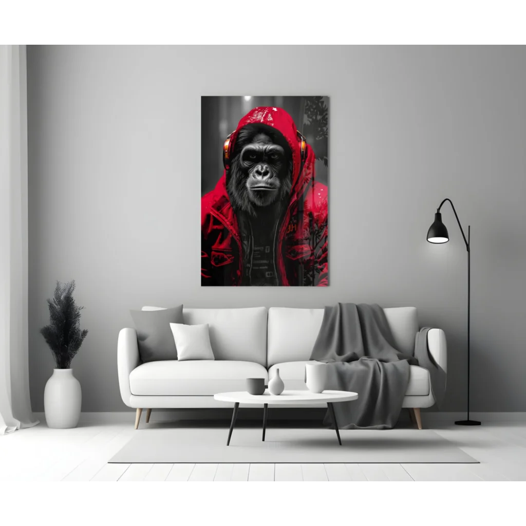 Bold pop-art gorilla in red hoodie and headphones on Urban Gorilla glass wall art