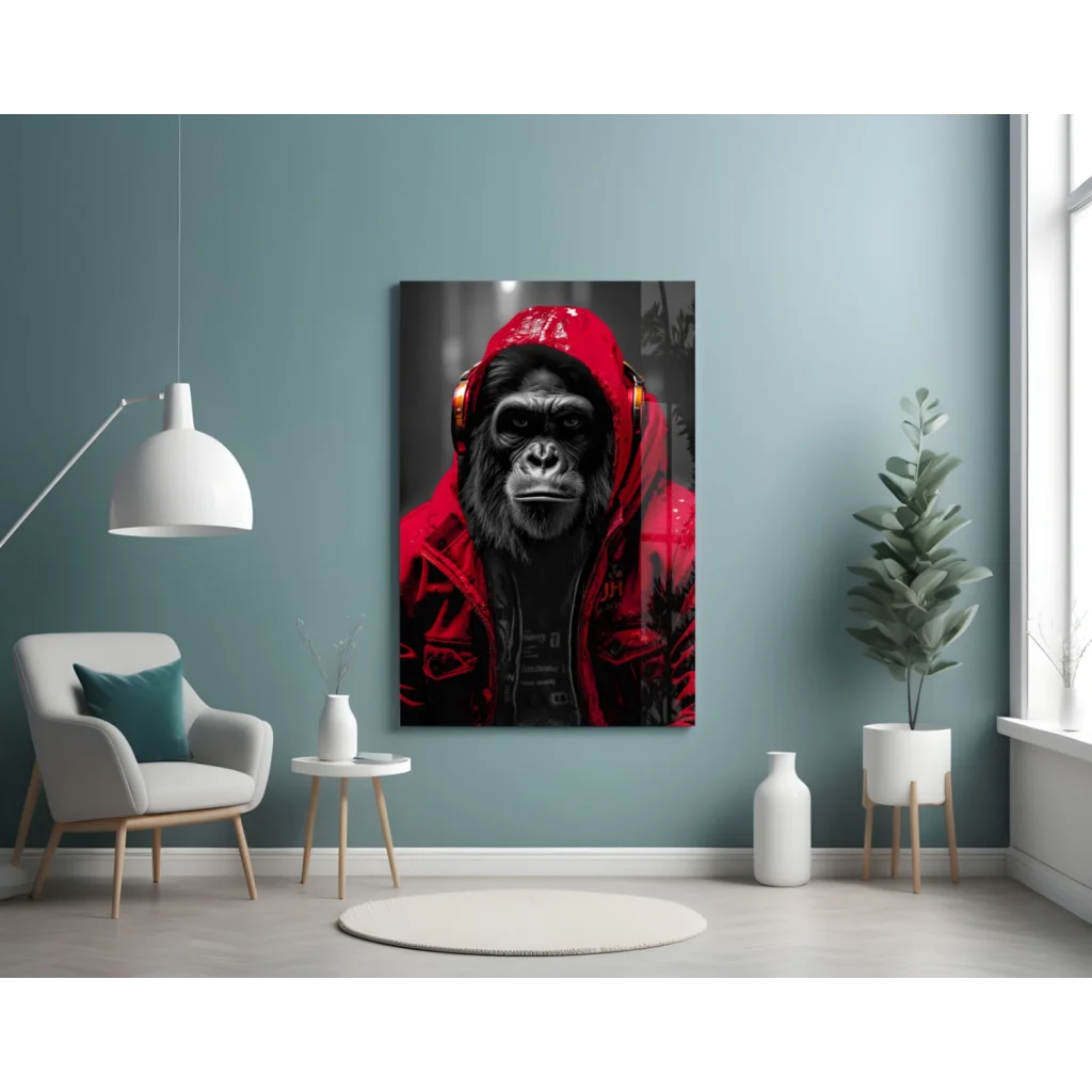 Urban Gorilla striking red hoodie glass wall art with headphones