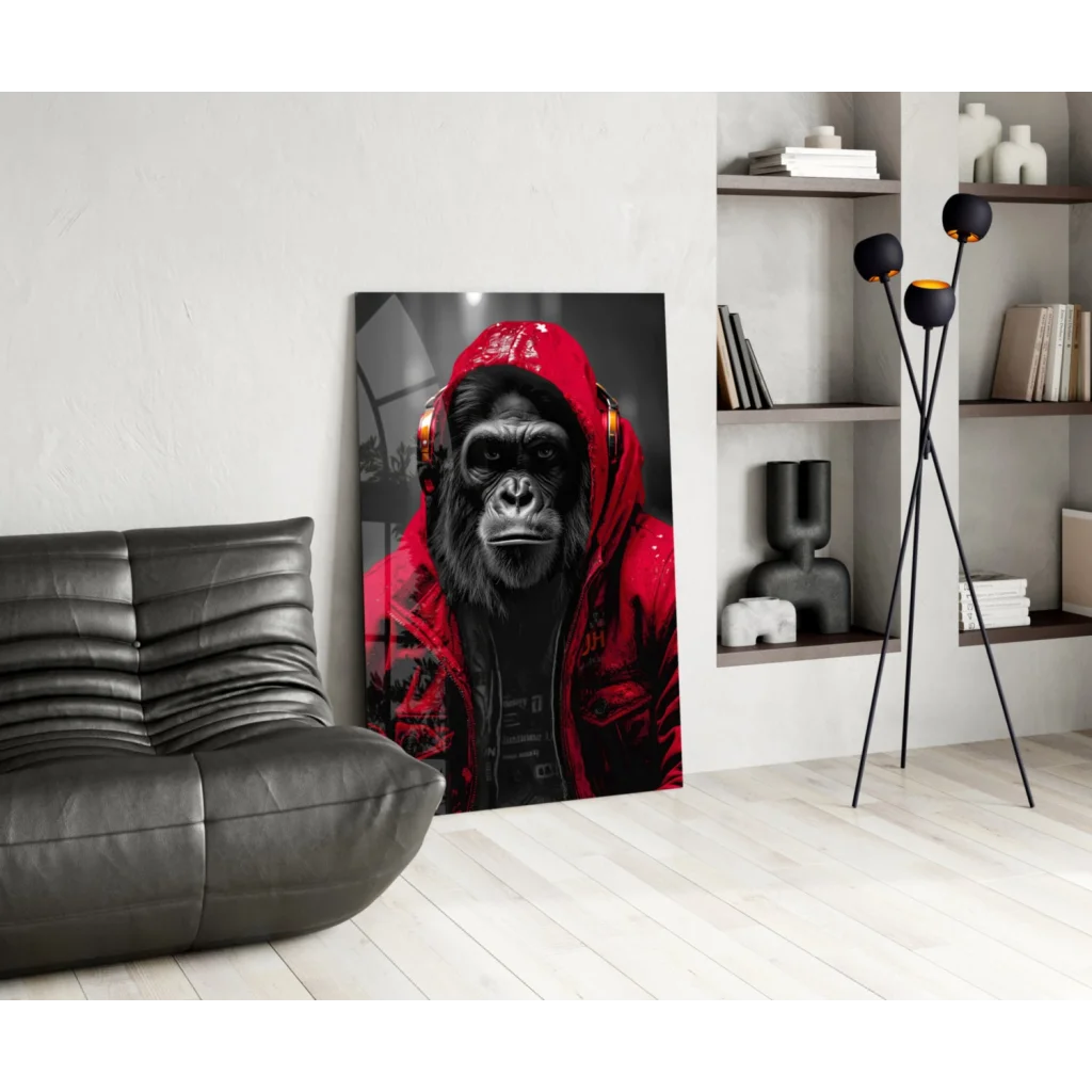 Urban Gorilla glass wall art with red hoodie gorilla and gold headphones
