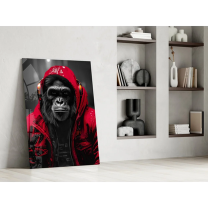 Striking red hoodie gorilla glass wall art with gold headphones