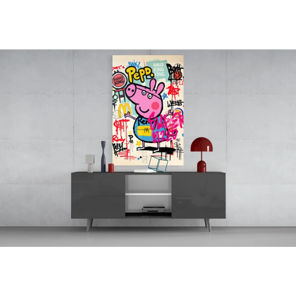 Peppa Pig graffiti wall art canvas in pink with blue dress